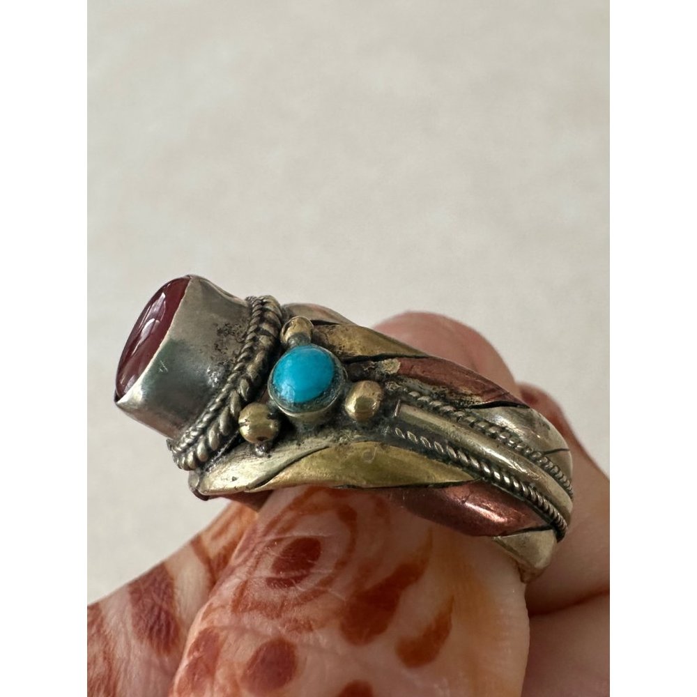Tibetan twisted mixed metals red carnelian turquoise polished cabochons ring - Picture 7 of 9